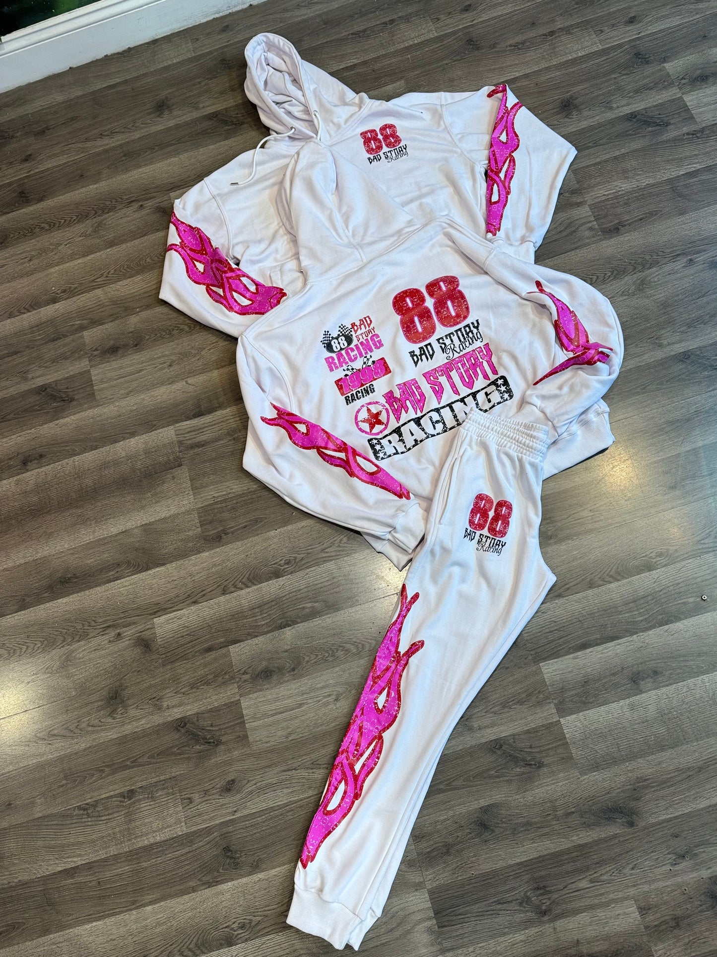 White & pink racing car sweatsuit